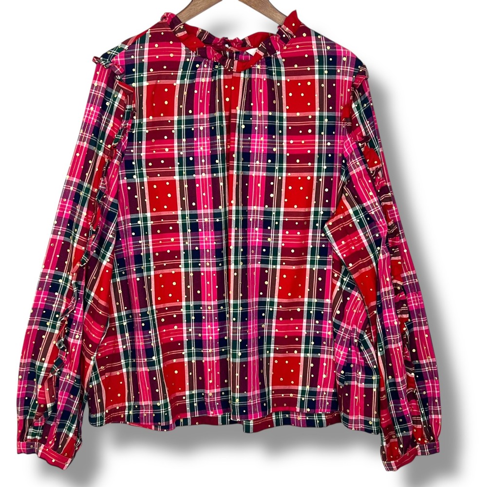 Crown &‎ Ivy Blouse XXL Christmas Plaid Gold Polka Dot Ruffle Neck Holiday Party